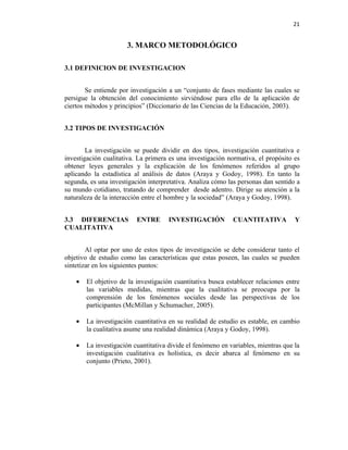 21


                      3. MARCO METODOLÓGICO

3.1 DEFINICION DE INVESTIGACION


        Se entiende por investigación a un “conjunto de fases mediante las cuales se
persigue la obtención del conocimiento sirviéndose para ello de la aplicación de
ciertos métodos y principios” (Diccionario de las Ciencias de la Educación, 2003).


3.2 TIPOS DE INVESTIGACIÓN


        La investigación se puede dividir en dos tipos, investigación cuantitativa e
investigación cualitativa. La primera es una investigación normativa, el propósito es
obtener leyes generales y la explicación de los fenómenos referidos al grupo
aplicando la estadística al análisis de datos (Araya y Godoy, 1998). En tanto la
segunda, es una investigación interpretativa. Analiza cómo las personas dan sentido a
su mundo cotidiano, tratando de comprender desde adentro. Dirige su atención a la
naturaleza de la interacción entre el hombre y la sociedad” (Araya y Godoy, 1998).


3.3 DIFERENCIAS           ENTRE       INVESTIGACIÓN          CUANTITATIVA           Y
CUALITATIVA


        Al optar por uno de estos tipos de investigación se debe considerar tanto el
objetivo de estudio como las características que estas poseen, las cuales se pueden
sintetizar en los siguientes puntos:

    •   El objetivo de la investigación cuantitativa busca establecer relaciones entre
        las variables medidas, mientras que la cualitativa se preocupa por la
        comprensión de los fenómenos sociales desde las perspectivas de los
        participantes (McMillan y Schumacher, 2005).

    •   La investigación cuantitativa en su realidad de estudio es estable, en cambio
        la cualitativa asume una realidad dinámica (Araya y Godoy, 1998).

    •   La investigación cuantitativa divide el fenómeno en variables, mientras que la
        investigación cualitativa es holística, es decir abarca al fenómeno en su
        conjunto (Prieto, 2001).
 