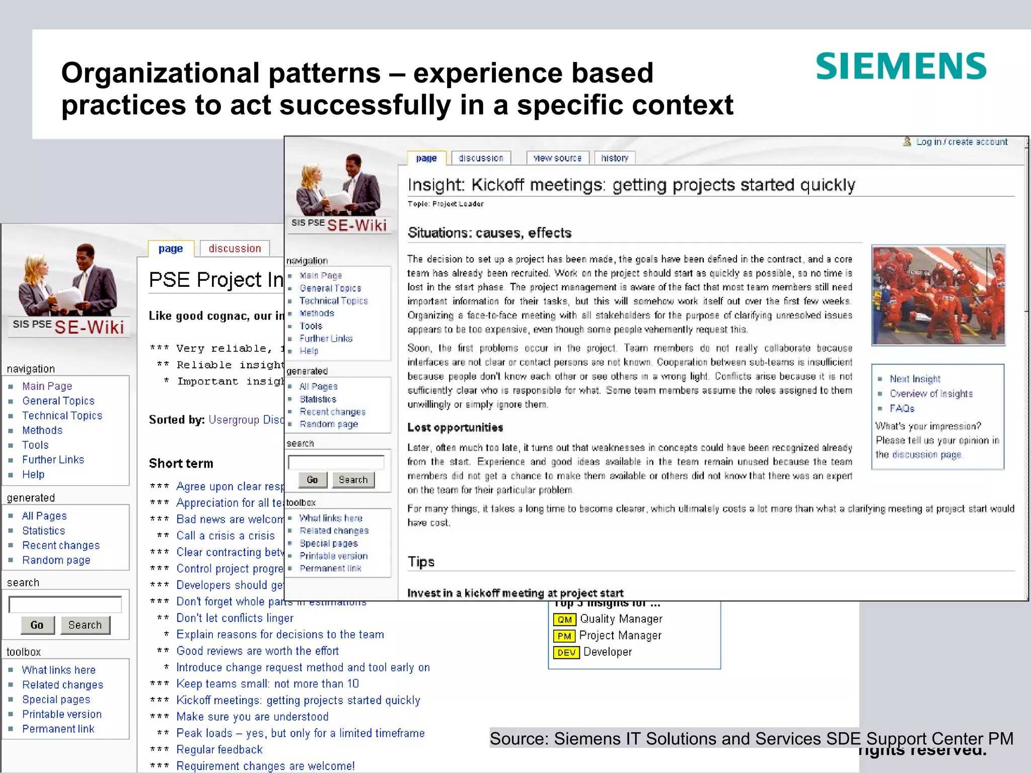 Organizational patterns – experience based practices to act successfully in a specific context Page  Source: Siemens IT Solutions and Services SDE Support Center PM 