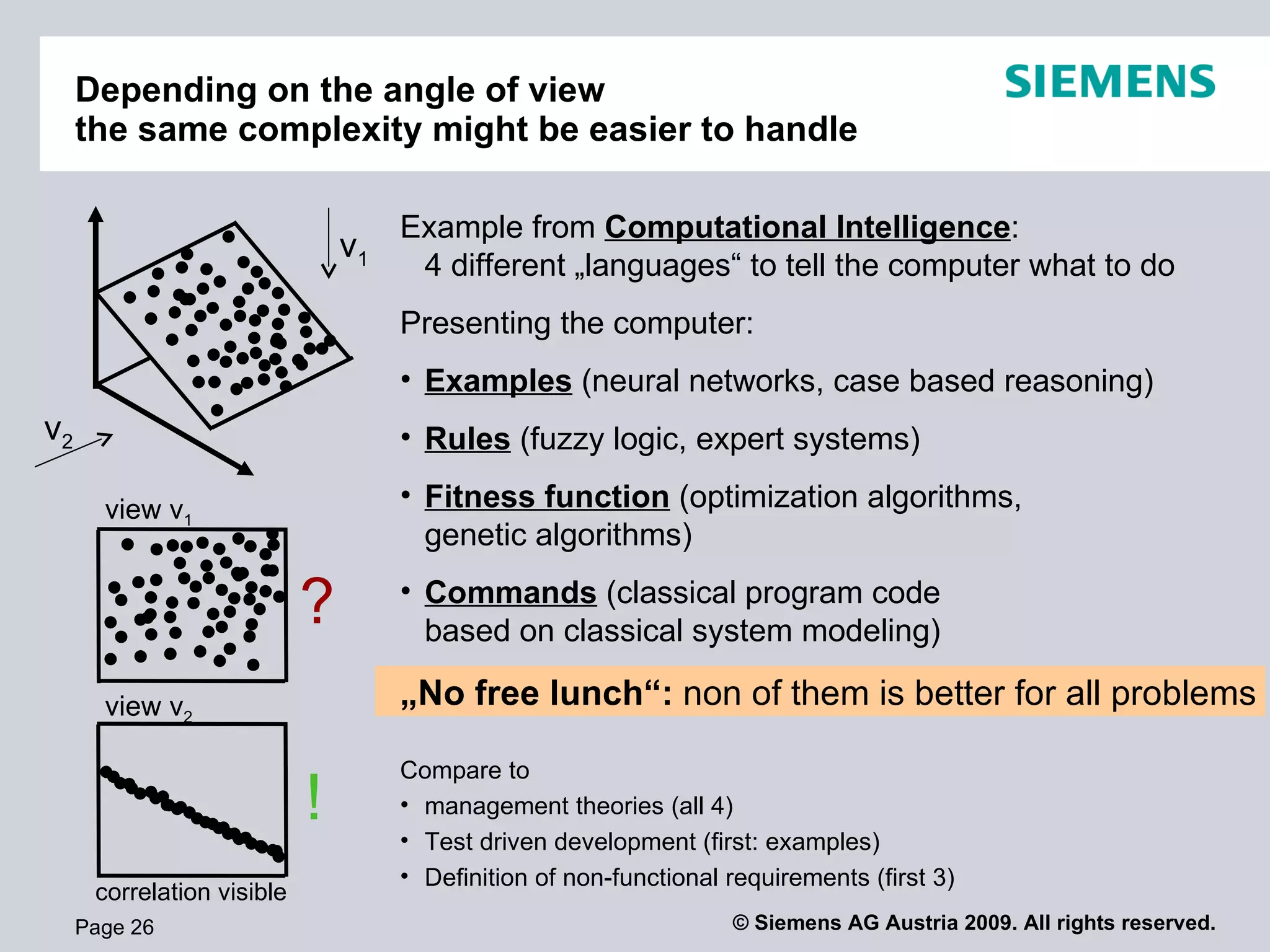Depending on the angle of view  the same complexity might be easier to handle Page  view v 1   view v 2 ? ! Example from  Computational Intelligence : 4 different „languages“ to tell the computer what to do Presenting the computer: Examples   (neural networks, case based reasoning) Rules  (fuzzy logic, expert systems) Fitness function  (optimization algorithms,  genetic algorithms) Commands  (classical program code  based on classical system modeling) „ No free lunch“:  non of them is better for all problems Compare to  management theories (all 4) Test driven development (first: examples) Definition of non-functional requirements (first 3) correlation visible v 1 v 2 