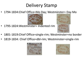 Delivery Stamp
(Charge Marks)
• Letters not prepaid were liable to an additional charge
when entering London’s Twopenny Po...