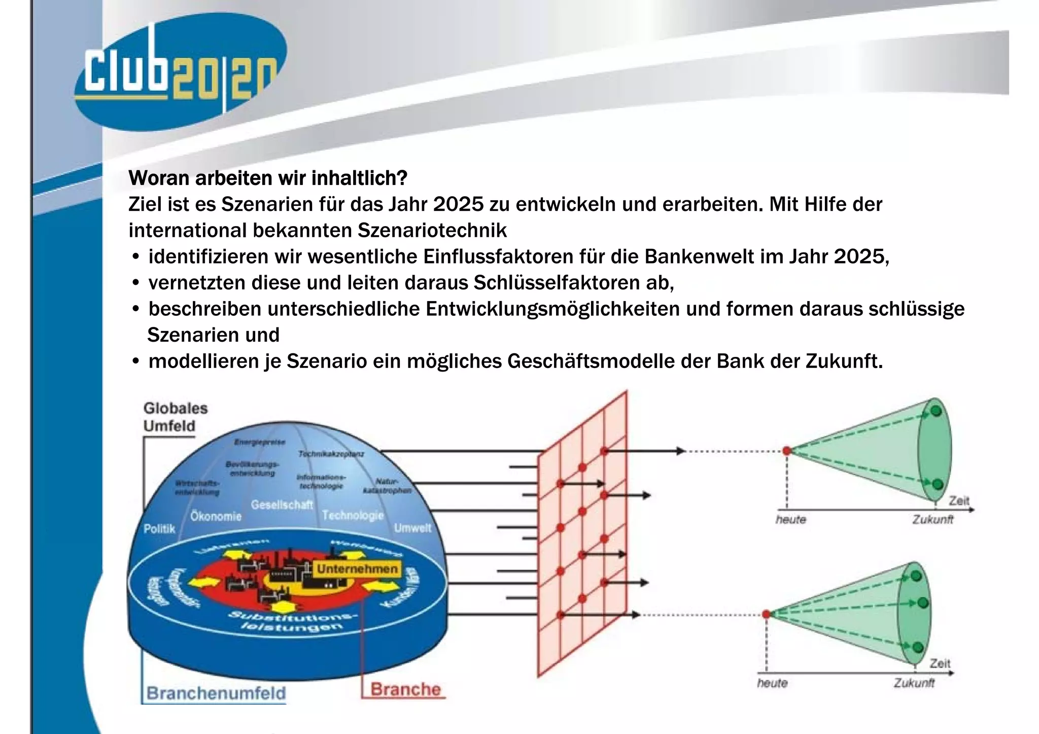 Woran arbeiten wir inhaltlich?
Ziel ist es Szenarien für das Jahr 2025 zu entwickeln und erarbeiten. Mit Hilfe der
international bekannten Szenariotechnik
• identifizieren wir wesentliche Einflussfaktoren für die Bankenwelt im Jahr 2025,
• vernetzten diese und leiten daraus Schlüsselfaktoren ab,
• beschreiben unterschiedliche Entwicklungsmöglichkeiten und formen daraus schlüssige
  Szenarien und
• modellieren je Szenario ein mögliches Geschäftsmodelle der Bank der Zukunft.




                                                                                    (6
 