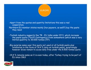 EUROPE




-Apart from the quotas and quantity limitations this was a real
                                    l                         l
   cooperation,
Northern EU member states mainly (tax payeers, as well?) buy the paste
   they need

-Turkish industry supports the TR - EU talks under 97/1, which increase
   the paste quota (Tariff Contingency) from somewhere (which was a very
   limited quantity to 30 000 tonnes (’97)
                       30.000        ( 97)

-Big surprise same year this quota not used at all turkish paste plus
   retaliation in the form of 14.4 % duty on turkish p
                      f     f           y            paste, surprisingly
                                                           ,   p      gy
   however dices remain to acces duty free under the 8.500 tonnes quota

-14.4 % remains same as it is even today, after Turkey trying to be part of
   EU since 1963
 