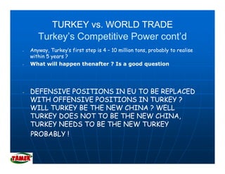 TURKEY vs. WORLD TRADE
       Turkey’s Competitive Power cont’d
-   Anyway, Turkey’s first step is 4 – 10 million tons, probably to realise
    within 5 years ?
-   What will happen thenafter ? Is a good question




-   DEFENSIVE POSITIONS IN EU TO BE REPLACED
    WITH OFFENSIVE POSITIONS IN TURKEY ?
    WILL TURKEY BE THE NEW CHINA ? WELL
    TURKEY DOES NOT TO BE THE NEW CHINA,
    TURKEY NEEDS TO BE THE NEW TURKEY
    PROBABLY !
 