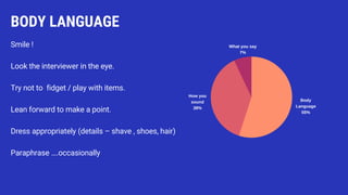 BODY LANGUAGE
Body
Language
55%
How you
sound
38%
What you say
7%
Smile !
Look the interviewer in the eye.
Try not to fidget / play with items.
Lean forward to make a point.
Dress appropriately (details – shave , shoes, hair)
Paraphrase ….occasionally
 