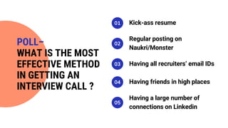 Kick-ass resume01
Regular posting on
Naukri/Monster
02
Having all recruiters’ email IDs03
Having friends in high places04
Having a large number of
connections on Linkedin
05
POLL–
WHAT IS THE MOST
EFFECTIVE METHOD
IN GETTING AN
INTERVIEW CALL ?
 