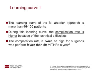 23
 The learning curve of the MI anterior approach is
more than 46-100 patients
 During this learning curve, the complication rate is
higher because of the technical difficulties
 The complication rate is twice as high for surgeons
who perform fewer than 50 MITHRs a year1
Learning curve I
1. Y.M. den Hartog & S.B.W. Vehmeijer (2013) High complication rate in
the early experience of minimally invasive total hip arthroplasty by the
direct anterior approach, Acta Orthopaedica, 84:1, 116-117
 