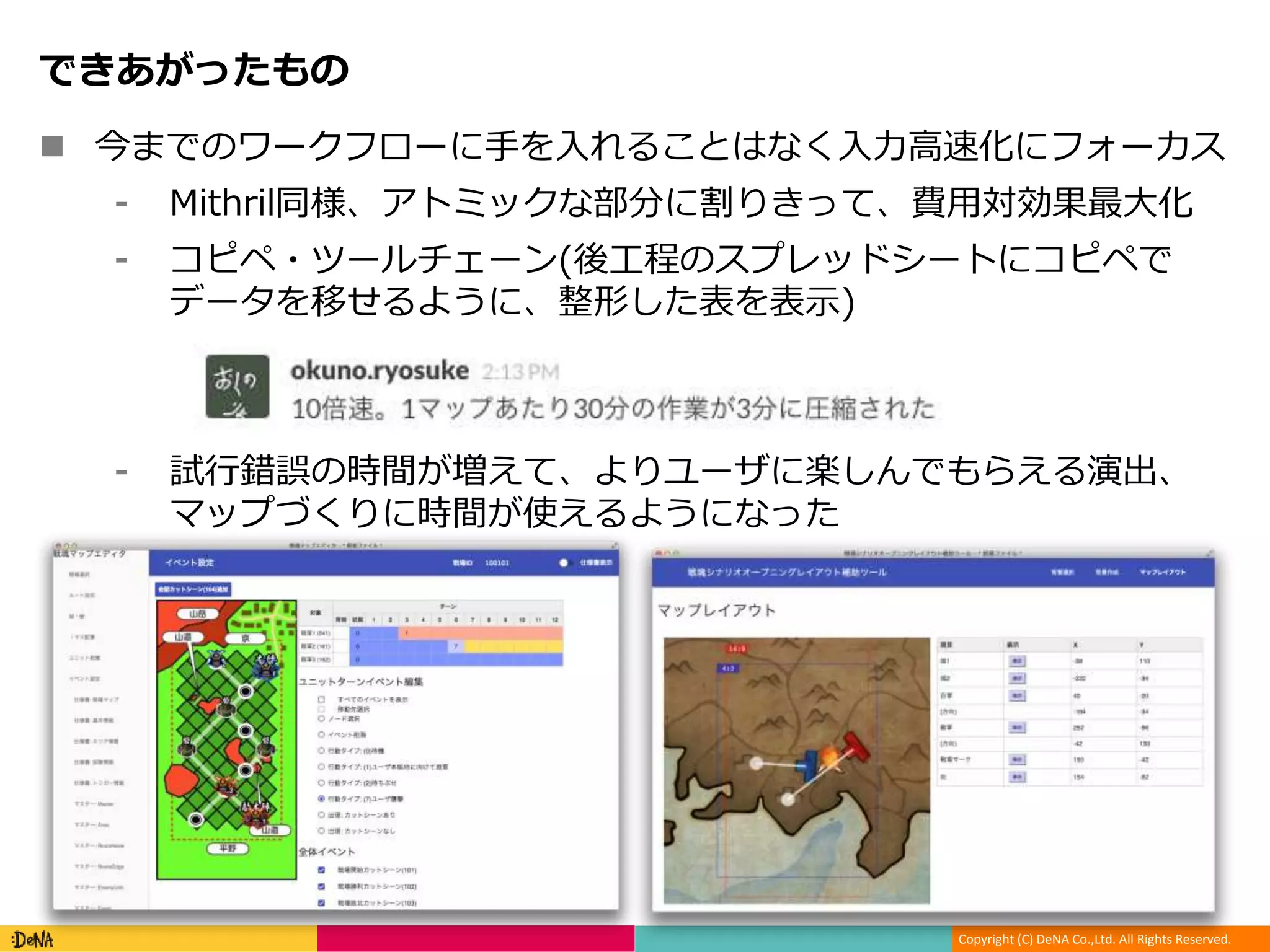Copyright (C) DeNA Co.,Ltd. All Rights Reserved.
できあがったもの
 今までのワークフローに手を入れることはなく入力高速化にフォーカス
⁃ Mithril同様、アトミックな部分に割りきって、費用対効果最大化
⁃ コピペ・ツールチェーン(後工程のスプレッドシートにコピペで
データを移せるように、整形した表を表示)
⁃ 試行錯誤の時間が増えて、よりユーザに楽しんでもらえる演出、
マップづくりに時間が使えるようになった
 