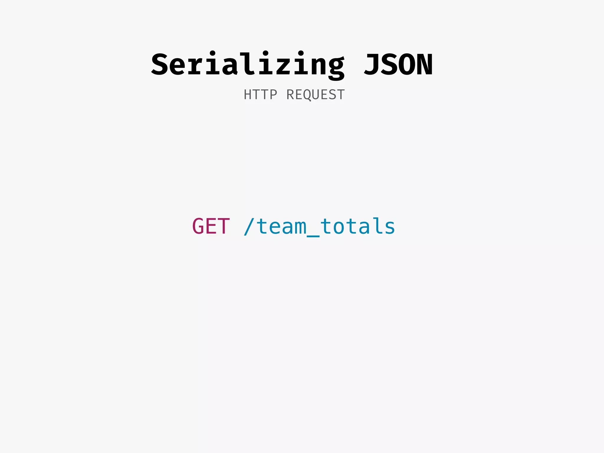 Serializing JSON
HTTP REQUEST
GET /team_totals
 