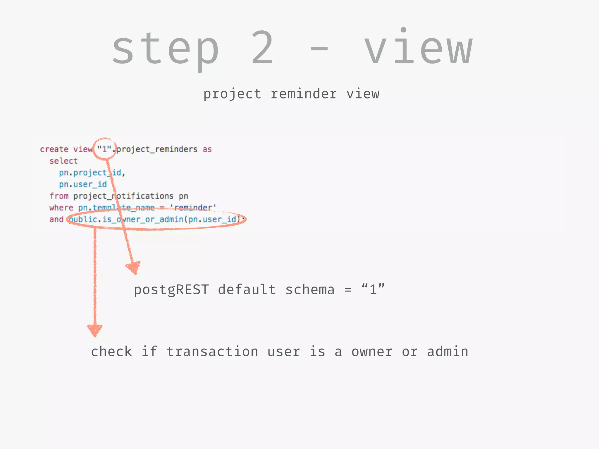 step 2 - view
project reminder view
postgREST default schema = “1”
check if transaction user is a owner or admin
 