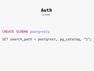 Auth
SCHEMA
CREATE SCHEMA postgrest;
SET search_path = postgrest, pg_catalog, “1”;
 