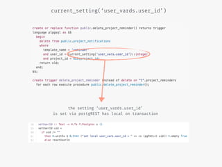 current_setting(‘user_vards.user_id’)
the setting ‘user_vards.user_id’
is set via postgREST has local on transaction
 