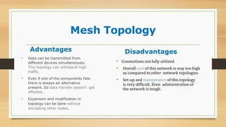 Mesh Topology
Advantages
• Data can be transmitted from
different devices simultaneously.
This topology can withstand high
traffic.
• Even if one of the components fails
there is always an alternative
present. So data transfer doesn’t get
affected.
• Expansion and modification in
topology can be done without
disrupting other nodes.
Disadvantages
• Connections not fully utilized.
• Overall cost of this network is way too high
as compared to other network topologies.
• Set-up and maintenance of this topology
is very difficult. Even administration of
the network is tough.
 