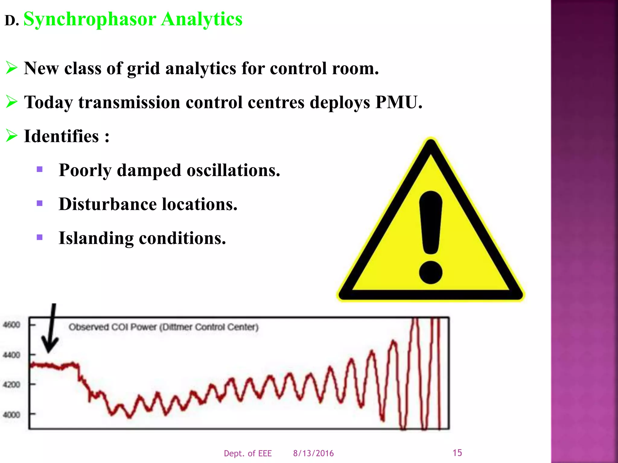 D. Synchrophasor Analytics
 New class of grid analytics for control room.
 Today transmission control centres deploys PMU.
 Identifies :
 Poorly damped oscillations.
 Disturbance locations.
 Islanding conditions.
8/13/2016Dept. of EEE 15
 