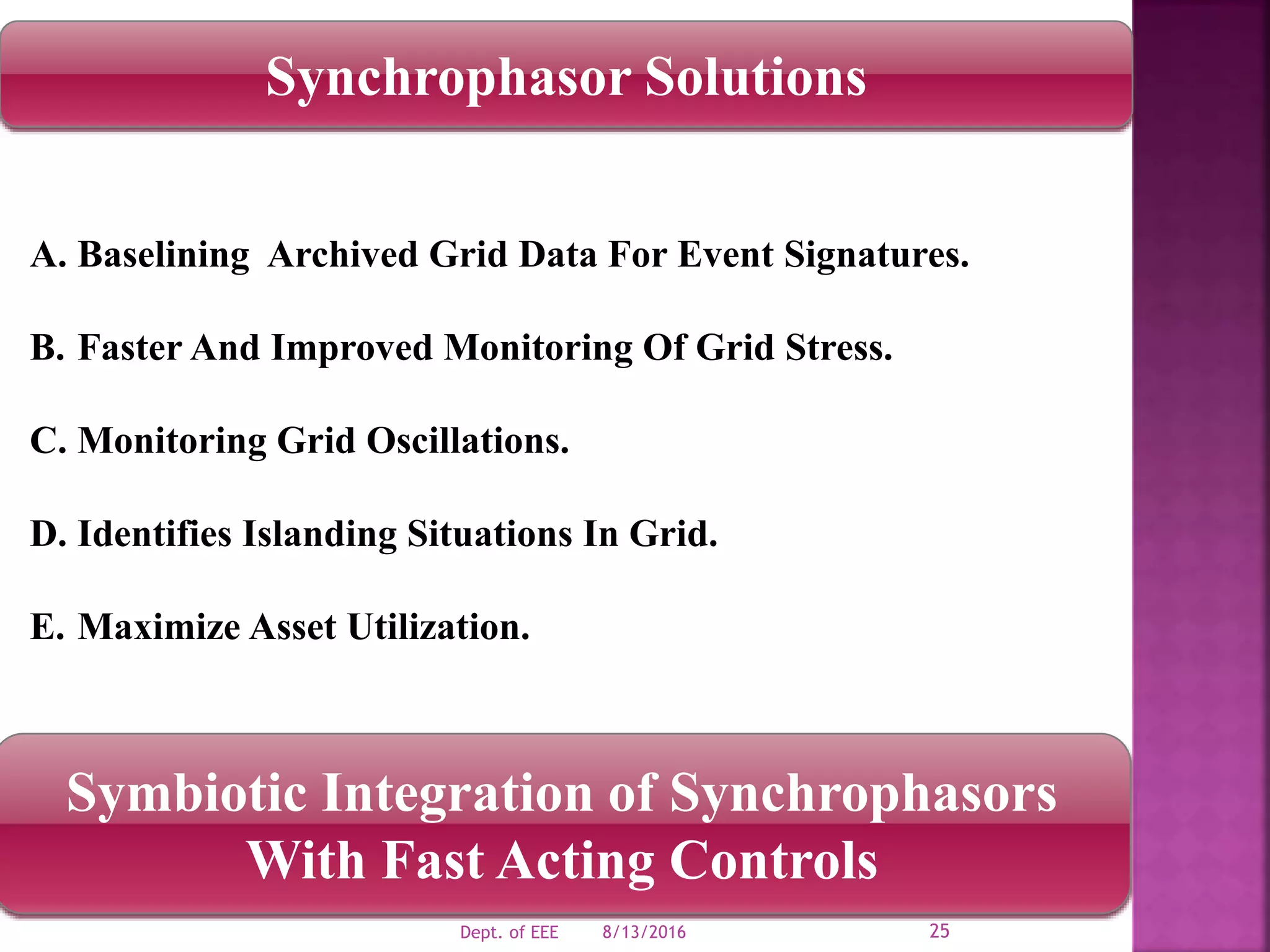 Synchrophasor Solutions
A. Baselining Archived Grid Data For Event Signatures.
B. Faster And Improved Monitoring Of Grid Stress.
C. Monitoring Grid Oscillations.
D. Identifies Islanding Situations In Grid.
E. Maximize Asset Utilization.
Symbiotic Integration of Synchrophasors
With Fast Acting Controls
8/13/2016Dept. of EEE 25
 