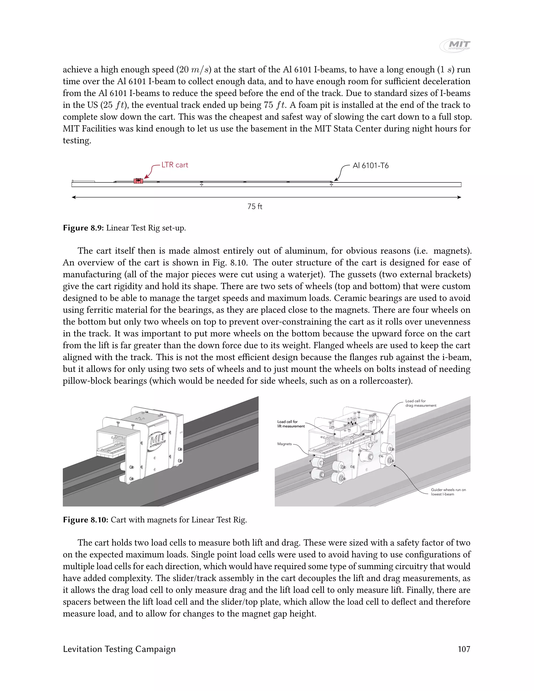 achieve a high enough speed (20 m/s) at the start of the Al 6101 I-beams, to have a long enough (1 s) run
time over the Al 6101 I-beam to collect enough data, and to have enough room for sufficient deceleration
from the Al 6101 I-beams to reduce the speed before the end of the track. Due to standard sizes of I-beams
in the US (25 ft), the eventual track ended up being 75 ft. A foam pit is installed at the end of the track to
complete slow down the cart. This was the cheapest and safest way of slowing the cart down to a full stop.
MIT Facilities was kind enough to let us use the basement in the MIT Stata Center during night hours for
testing.
75 ft
Al 6101-T6LTR cart
Figure 8.9: Linear Test Rig set-up.
The cart itself then is made almost entirely out of aluminum, for obvious reasons (i.e. magnets).
An overview of the cart is shown in Fig. 8.10. The outer structure of the cart is designed for ease of
manufacturing (all of the major pieces were cut using a waterjet). The gussets (two external brackets)
give the cart rigidity and hold its shape. There are two sets of wheels (top and bottom) that were custom
designed to be able to manage the target speeds and maximum loads. Ceramic bearings are used to avoid
using ferritic material for the bearings, as they are placed close to the magnets. There are four wheels on
the bottom but only two wheels on top to prevent over-constraining the cart as it rolls over unevenness
in the track. It was important to put more wheels on the bottom because the upward force on the cart
from the lift is far greater than the down force due to its weight. Flanged wheels are used to keep the cart
aligned with the track. This is not the most efficient design because the flanges rub against the i-beam,
but it allows for only using two sets of wheels and to just mount the wheels on bolts instead of needing
pillow-block bearings (which would be needed for side wheels, such as on a rollercoaster).
Guider wheels run on
lowest I-beam
Magnets
Load cell for
lift measurement
Load cell for
lift measurement
Load cell for
lift measurement
Load cell for
lift measurement
Load cell for
lift measurement
Load cell for
drag measurement
Figure 8.10: Cart with magnets for Linear Test Rig.
The cart holds two load cells to measure both lift and drag. These were sized with a safety factor of two
on the expected maximum loads. Single point load cells were used to avoid having to use configurations of
multiple load cells for each direction, which would have required some type of summing circuitry that would
have added complexity. The slider/track assembly in the cart decouples the lift and drag measurements, as
it allows the drag load cell to only measure drag and the lift load cell to only measure lift. Finally, there are
spacers between the lift load cell and the slider/top plate, which allow the load cell to deflect and therefore
measure load, and to allow for changes to the magnet gap height.
Levitation Testing Campaign 107
 