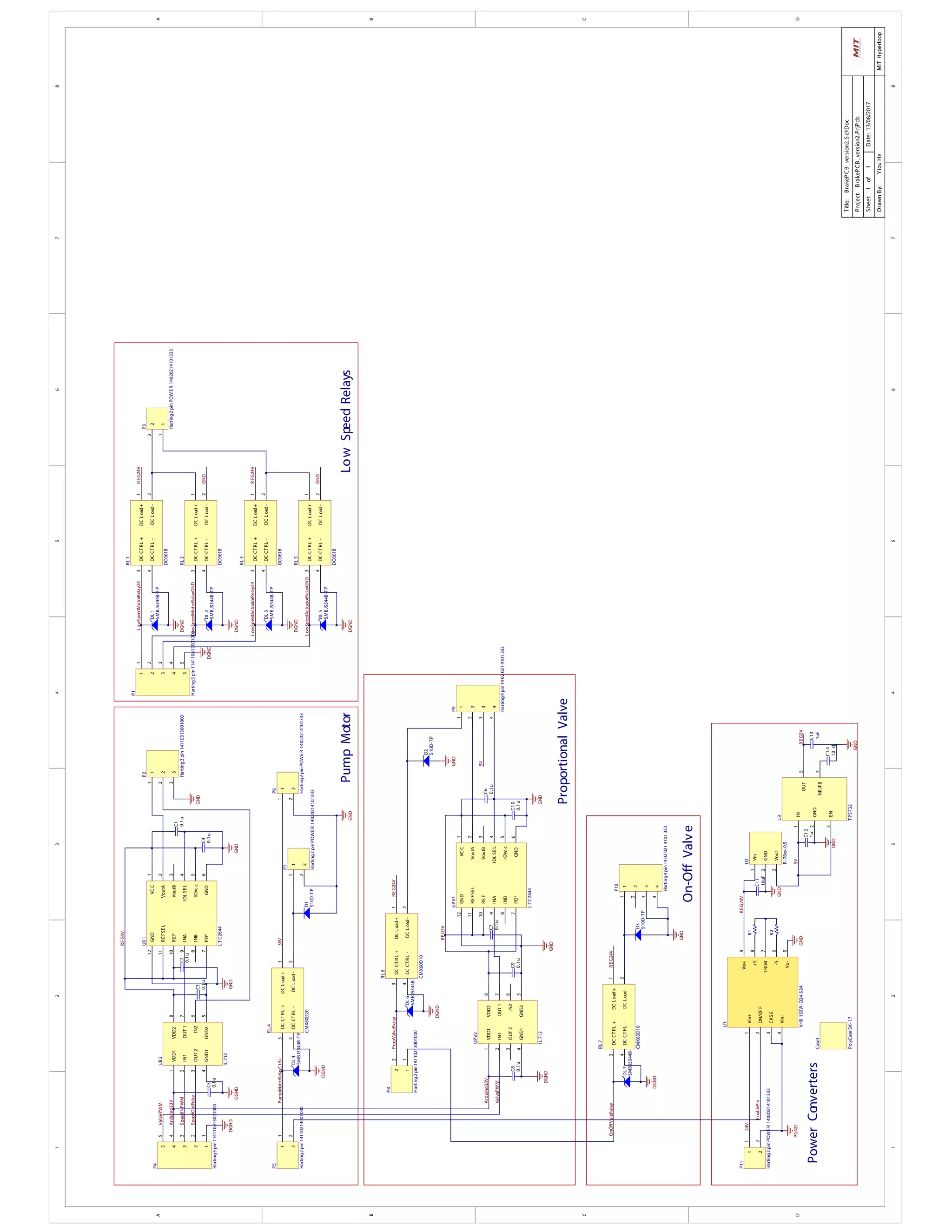 1
1
2
2
3
3
4
4
5
5
6
6
7
7
8
8
DD
CC
BB
AA
Title:BrakePCB_version2.SchDoc
Date:13/08/2017Sheet:1of1
DrawnBy:YiouHe
Project:BrakePCB_version2.PrjPcb
MITHyperloop
VCC
1
VoutA
2
VoutB
3
IDLSEL
4
IOVcc
5
GND
6
GND
12
REFSEL
11
REF
10
INA
9
INB
8
PD*
7
UB1
LTC2644
SpeedINPWM
DGND
Arduino3.3V
GND
GND
GND
C2
0.1u
VDD1
1
IN1
2
OUT2
3
GND1
4
VDD2
8
OUT1
7
IN2
6
GND2
5
UB2
IL712
SpeedOutPulse
PumpMotorRelayCtrl+
PumpMotor
DGND
Arduino3.3V
VCC
1
VoutA
2
VoutB
3
IDLSEL
4
IOVcc
5
GND
6
GND
12
REFSEL
11
REF
10
INA
9
INB
8
PD*
7
UPV1
LTC2644
GND
GND
C7
0.1u
ProportionalValve
DGND
On-OffValve
GND
PGND
EnablePin
PowerConverters
VDD11
IN1
2
OUT23
GND1
4
VDD28
OUT1
7
IN26
GND2
5
UPV2
IL712
REG5V
REG5V
24V
REG24V
1
1
2
2
P5
Harting2pin14110213001000
1
1
2
2
3
3
4
4
P9
Harting4pin14020214101333
LowSpeedMotorRelay24
LowSpeedRelays
1
1
2
2
3
3
4
4
P10
Harting4pin14020214101333
1
1
2
2
P11
Harting2pinPOWER14020214101333
REG24V
LowSpeedActuatorRelay24REG24V
C8
0.1u
C9
0.1u
C10
0.1u
C6
0.1u
C4
0.1u
C3
0.1u
C5
0.1u
C1
0.1u
DL7
SMBJ5344B-TP
DGND
DL2
SMBJ5344B-TP
DGND
DL1
SMBJ5344B-TP
DGND
DL5
SMBJ5344B-TP
DGND
DL3
SMBJ5344B-TP
5V
GND
DGND
DL4
SMBJ5344B-TP
36V
GND
DCLoad+
1
DCLoad-
2
DCCTRL+
3
DCCTRL-
4
RL1
DO061B
DCLoad+
1
DCLoad-
2
DCCTRL+
3
DCCTRL-
4
RL2
DO061B
DCLoad+
1
DCLoad-
2
DCCTRL+
3
DCCTRL-
4
RL3
DO061B
DCLoad+
1
DCLoad-
2
DCCTRL+
3
DCCTRL-
4
RL5
DO061B
DCLoad+
1
DCLoad-
2
DCCTRL+
3
DCCTRL-
4
RL4
CMX60D20
LowSpeedMotorRelayGND
LowSpeedActuatorRelayGND
1
1
2
2
P3
Harting2pinPOWER14020214101333
R1
R2
ValvePWM
ValvePWM
DGND
1
1
2
2
3
3
4
4
5
5
P1
Harting5pin114110413001000
DGND
C12
1u
GND
GND
1uF
C13
REG5V
PropValveRelay
DGND
DL6
SMBJ5344B-TP
DCLoad+
1
DCLoad-
2
DCCTRL+
3
DCCTRL-
4
RL6
CMX60D10
REG24V
GND
GND
GND
OnOffValeRelay
DCLoad+
1
DCLoad-
2
DCCTRL+
3
DCCTRL-
4
RL7
CMX60D10
1
1
2
2
3
3
P2
Harting3pin14110313001000
Vin+
1
ON/OFF
2
CASE
3
Vin-
4
Vo+
9
+S
8
TRIM7
-S6
Vo-5
U1
VHB150W-Q24-S24
Case1
PolyCaseSK-17
D1
S10D-TP
D2
S10D-TP
D3
S10D-TP
Vin
1
GND2
Vout3
U2
R-78xx-0.5
10uF
C11
REG24V
GND
1
1
2
2
P6
Harting2pinPOWER14020214101333
1
1
2
2
P7
Harting2pinPOWER14020214101333
1
1
2
2
P8
Harting2pin14110213001000
5V
IN1
GND
2
EN3
OUT
5
NR/FB4
U3
TPS732
C14
10nF
1
1
2
2
3
3
4
4
5
5
P4
Harting5pin114110413001000
 