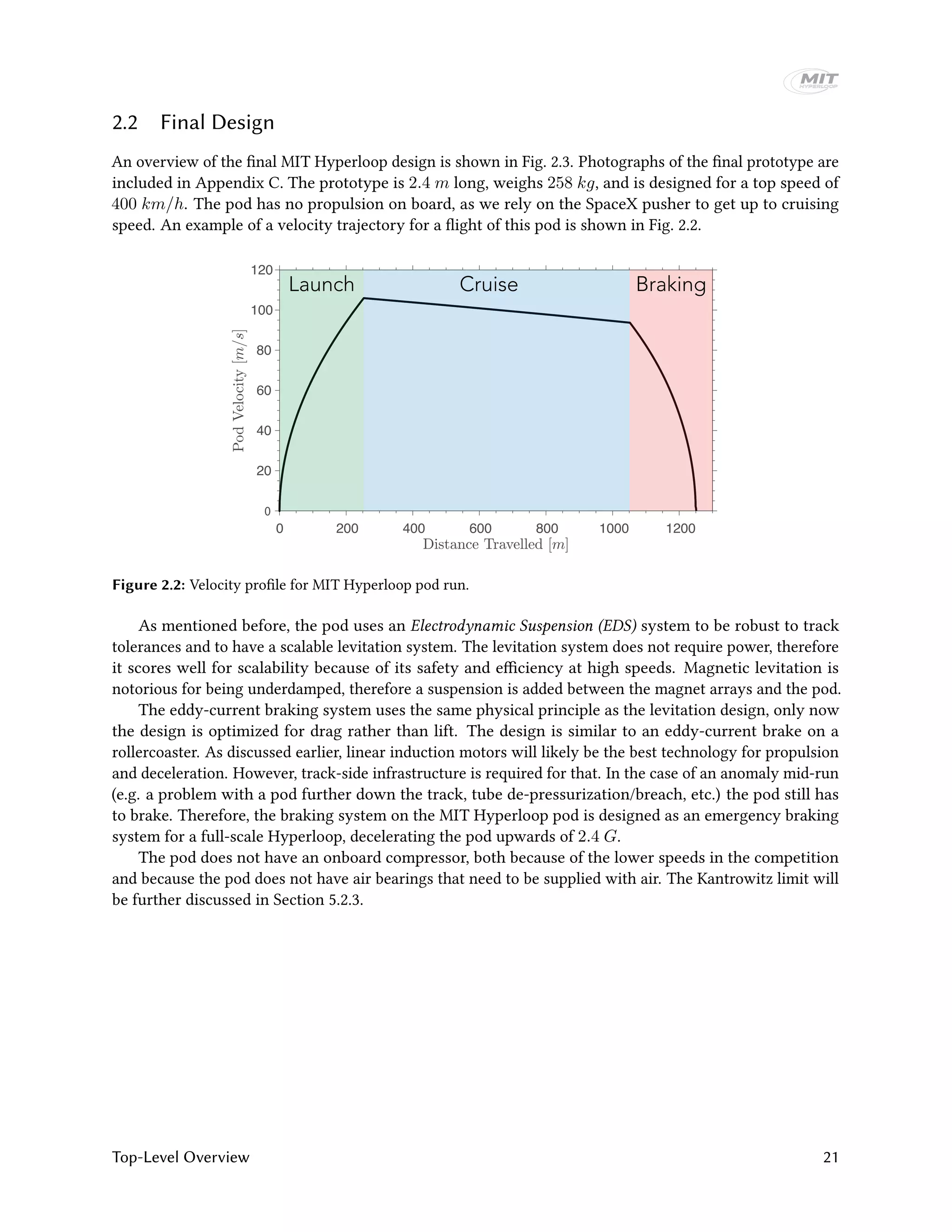 2.2 Final Design
An overview of the final MIT Hyperloop design is shown in Fig. 2.3. Photographs of the final prototype are
included in Appendix C. The prototype is 2.4 m long, weighs 258 kg, and is designed for a top speed of
400 km/h. The pod has no propulsion on board, as we rely on the SpaceX pusher to get up to cruising
speed. An example of a velocity trajectory for a flight of this pod is shown in Fig. 2.2.
0 200 400 600 800 1000 1200
0
20
40
60
80
100
120
CruiseLaunch Braking
Figure 2.2: Velocity profile for MIT Hyperloop pod run.
As mentioned before, the pod uses an Electrodynamic Suspension (EDS) system to be robust to track
tolerances and to have a scalable levitation system. The levitation system does not require power, therefore
it scores well for scalability because of its safety and efficiency at high speeds. Magnetic levitation is
notorious for being underdamped, therefore a suspension is added between the magnet arrays and the pod.
The eddy-current braking system uses the same physical principle as the levitation design, only now
the design is optimized for drag rather than lift. The design is similar to an eddy-current brake on a
rollercoaster. As discussed earlier, linear induction motors will likely be the best technology for propulsion
and deceleration. However, track-side infrastructure is required for that. In the case of an anomaly mid-run
(e.g. a problem with a pod further down the track, tube de-pressurization/breach, etc.) the pod still has
to brake. Therefore, the braking system on the MIT Hyperloop pod is designed as an emergency braking
system for a full-scale Hyperloop, decelerating the pod upwards of 2.4 G.
The pod does not have an onboard compressor, both because of the lower speeds in the competition
and because the pod does not have air bearings that need to be supplied with air. The Kantrowitz limit will
be further discussed in Section 5.2.3.
Top-Level Overview 21
 