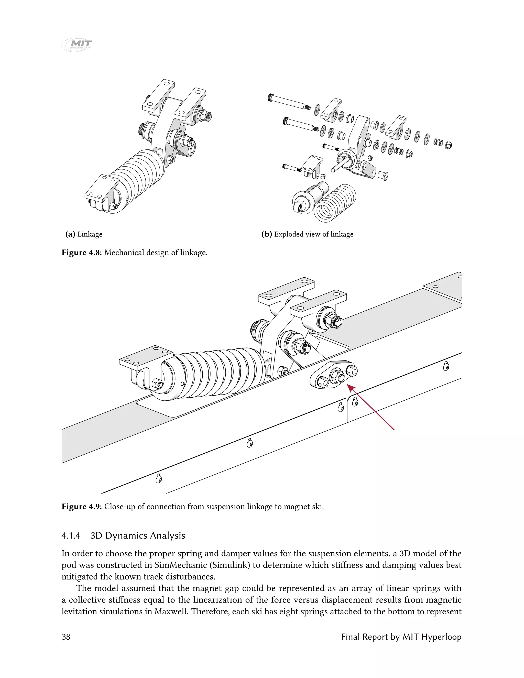 (a) Linkage (b) Exploded view of linkage
Figure 4.8: Mechanical design of linkage.
Figure 4.9: Close-up of connection from suspension linkage to magnet ski.
4.1.4 3D Dynamics Analysis
In order to choose the proper spring and damper values for the suspension elements, a 3D model of the
pod was constructed in SimMechanic (Simulink) to determine which stiffness and damping values best
mitigated the known track disturbances.
The model assumed that the magnet gap could be represented as an array of linear springs with
a collective stiffness equal to the linearization of the force versus displacement results from magnetic
levitation simulations in Maxwell. Therefore, each ski has eight springs attached to the bottom to represent
38 Final Report by MIT Hyperloop
 