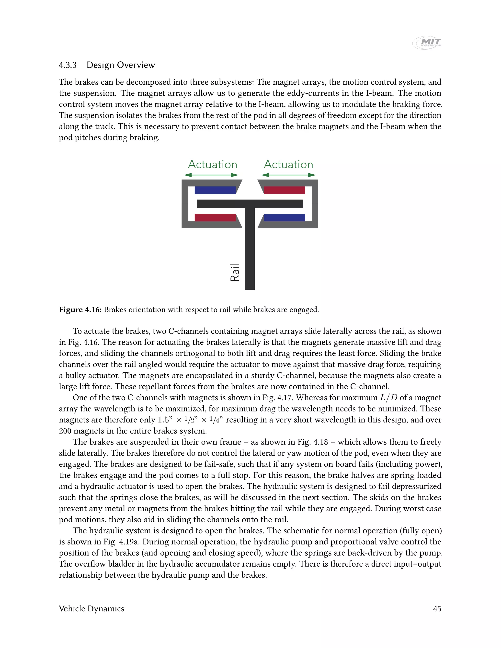 4.3.3 Design Overview
The brakes can be decomposed into three subsystems: The magnet arrays, the motion control system, and
the suspension. The magnet arrays allow us to generate the eddy-currents in the I-beam. The motion
control system moves the magnet array relative to the I-beam, allowing us to modulate the braking force.
The suspension isolates the brakes from the rest of the pod in all degrees of freedom except for the direction
along the track. This is necessary to prevent contact between the brake magnets and the I-beam when the
pod pitches during braking.
Actuation
Rail
Actuation
Figure 4.16: Brakes orientation with respect to rail while brakes are engaged.
To actuate the brakes, two C-channels containing magnet arrays slide laterally across the rail, as shown
in Fig. 4.16. The reason for actuating the brakes laterally is that the magnets generate massive lift and drag
forces, and sliding the channels orthogonal to both lift and drag requires the least force. Sliding the brake
channels over the rail angled would require the actuator to move against that massive drag force, requiring
a bulky actuator. The magnets are encapsulated in a sturdy C-channel, because the magnets also create a
large lift force. These repellant forces from the brakes are now contained in the C-channel.
One of the two C-channels with magnets is shown in Fig. 4.17. Whereas for maximum L/D of a magnet
array the wavelength is to be maximized, for maximum drag the wavelength needs to be minimized. These
magnets are therefore only 1.5” × 1/2” × 1/4” resulting in a very short wavelength in this design, and over
200 magnets in the entire brakes system.
The brakes are suspended in their own frame – as shown in Fig. 4.18 – which allows them to freely
slide laterally. The brakes therefore do not control the lateral or yaw motion of the pod, even when they are
engaged. The brakes are designed to be fail-safe, such that if any system on board fails (including power),
the brakes engage and the pod comes to a full stop. For this reason, the brake halves are spring loaded
and a hydraulic actuator is used to open the brakes. The hydraulic system is designed to fail depressurized
such that the springs close the brakes, as will be discussed in the next section. The skids on the brakes
prevent any metal or magnets from the brakes hitting the rail while they are engaged. During worst case
pod motions, they also aid in sliding the channels onto the rail.
The hydraulic system is designed to open the brakes. The schematic for normal operation (fully open)
is shown in Fig. 4.19a. During normal operation, the hydraulic pump and proportional valve control the
position of the brakes (and opening and closing speed), where the springs are back-driven by the pump.
The overflow bladder in the hydraulic accumulator remains empty. There is therefore a direct input–output
relationship between the hydraulic pump and the brakes.
Vehicle Dynamics 45
 