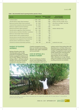 B A M B O O
I
ISSUE 43 | JULY - SEPTEMBER 2019 19
Yushania alpina
Dendrocalamus asper (Giant bamboo)
Bambusa bambos (Giant thorny bamboo)
Oxytenanthera abyssinica (Savanna bamboo)
Bambusa vulgaris (Common bamboo)
Bambusa blumeana (Spiny bamboo)
Dendrocalamus giganteus (Giant bamboo)
Dendrocalamus hamiltonii (Hamilton’s bamboo)
Bambusa tulda (Indian timber bamboo)
Dendrocalamus strictus (Male bamboo)
Dendrocalamus brandisii (Velvet leaf bamboo)
Cephalostachyum pergracile (Tinwa bamboo)
Dendrocalamus membranaceus (Wapyu)
Thyrstachys siamensis (Monastery bamboo)
2,400 - 3,400
400 – 2,400
40 – 2,400
40 – 2,200
0 – 2,400
300 – 1,000
100 – 1,600
50 – 1,500
0 – 1,500
0 – 1,500
0 – 1,300
0 – 1,000
0 – 1,000
300 – 400
1,800
1,800
1,000
600
1,000
1,000
1,800
1,500
650
600
1,800
1,000
950
800-1000
Highland areas of Kenya   Ab-
erdare, and Mau ranges, Moun-
tains Kenya and Elgon, and their
lower vicinities
Medium altitude areas
Lowlands and coast
Species Altitude (m) Minimum rainfall
(mm/year)
Recommended
areas for planting
RAISING OF PLANTING
MATERIALS
Raising of bamboo starts with
obtaining high quality, healthy
materials for propagation. Currently,
bamboo propagation methods are by
use of: seeds, wildings, culm/branch
cuttings, offsets1
and tissue cultured
plantlets. Several factors should be
considered in selecting a site for
a bamboo propagation nursery,
these are: location and accessibility,
adequate water supply, topography,
soil, sun and shade.
COST OF SETTING UP A
BAMBOO NURSERY
The cost of setting up a bamboo
nursery varies depending on the
mode of propagation used. Use of
cuttings requires large potting tubes with
dimensions of 11×13 inches with an acre
of nursery holding approximately 10,000
seedlings. Propagation by seeds requires
smaller potting tubes with dimensions
of 4×6 inches with an acre holding
approximately 200,000 seedlings.
Table 2 illustrates an average estimate
of the cost of setting a one-acre nursery
(seedling production not included).
Table 1. Recommended areas for growing bamboo species in Kenya
1
Note from the Editor: A bamboo offset is the lower part of a single culm usually with 3-5 nodes (about 1-1.5m) with the
rhizome and roots attached.
A row of Savanna
bamboo alongside the
nursery of Kitil farm, in
Isinya, Kenya. Photo BGF
 