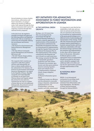 I
ISSUE 43 | JULY - SEPTEMBER 2019 47
F E A T U R E
Several initiatives in terms of policy
interventions, afforestation and
forest restoration, are going to
address the situation at different
scales, both regional through the East
African Community (EAC) and in the
respective countries through their
national forestry programs.
At the EAC level, the legislative
assembly developed and approved
the following policies and legislative
frameworks with an overall aim of
conserving and sustainably utilizing
the environment and forestry
resources:
• The Protocol on Environment and
Natural Resources Management
(2006),
• The East African Community
Forests Management and Protection
Bill (2015), and
• The EAC Climate change policies,
strategies and master plan.
The respective EAC countries are
expected to ratify these policies
and laws and subsequently use
them to inform similar policies at
the national level. For instance, the
Protocol on Environment and Natural
Resources Management, was signed
by the Republic of Kenya, Republic
of Uganda and United Republic
of Tanzania on 3rd April 2006.
Whereas Kenya and Uganda ratified
the protocol in 2010 and 2011,
Tanzania has not, due to a number
of issues that are yet to be addressed.
Subsequently, the protocol is not yet
into force for implementation.
KEY INITIATIVES FOR ADVANCING
INVESTMENT IN FOREST RESTORATION AND
AFFORESTATION IN UGANDA
A) THE NATIONAL GREEN
GROWTH
Strategy, 2017/18-2030/2031
This was developed by the
Government through the
National Planning Authority. It
presents a stepwise approach for
implementation of the principles of
green growth as enshrined in the
Sustainable Development Goals that
are domesticated for implementation
through the Uganda Vision 2040 and
the National Development Plan II.
The implementation of the strategy
commenced in the financial year
2017/18 and is on until 2030/2031.
The strategy earmarks the following:
a) Sustainable agriculture
production and value chains;
b) Pursuit of eco-tourism, agro-
forestry and other green practices
aimed at restoring Uganda’s
forest and wetland covers;
c) Implementation of planned
climate change mitigation
measures;
d) Planned urbanization (green
cities);
e) Enhanced energy use efficiency
and diversification to renewable
energy at domestic, industrial and
institutional levels; and
f) Partnerships, technology
transfers and skills enhancement
It is important to note that the key
stakeholders, both state and non-
state (at national and local levels),
who are expected to take decisions
for investments for implementation
of the green growth strategy are at
different levels of understanding and
interpretation of the strategy. Trade-
offs exist, because the green growth
strategy requires doing things in a
business unusual format, and if not
addressed, stakeholders will resist
the desired changes and hence limit
the transition and implementation.
In fact, there will be winners and
losers in the process. Alternative
livelihood options or other
appropriate forms of compensation
should be provided for the losers
and/or should be equipped with
additional skills to fit within and
tap into the opportunities presented
through implementation of the
strategy.
B) NATIONAL REDD+
STRATEGY
REDD+ is an international
mechanism for providing result-
based payments for reducing
emissions from deforestation and
forest degradation. The Ministry
of Water and Environment
through the National REDD+
 