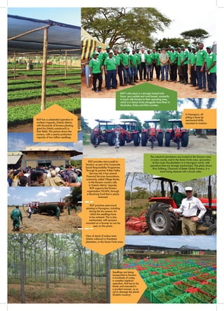 I
ISSUE 43 | JULY - SEPTEMBER 2019 55
B A M B O O
BGF has a substantial operation in
northern Uganda, Dokolo district,
with thousands of farmers planting
giant lira (Melia azedarach) in
their fields. This picture shows the
nursery, with a yearly production
capacity of two million seedlings.
Seedlings are being
transported to farmers
in hundreds of crates,
a complex logistical
operation, that has to be
timely and executed in
a prudent manner, so as
not to damage the plants
(Dokolo nursery).
BGF provides micro-credit to
farmers, as part of its Corporate
Social Responsibility Programme.
Through its partner K-Rep Fedha
Services Ltd, it has several
Financial Services Associations,
commonly called Village Banks,
in the Kenyan country side.
In Dokolo district, Uganda,
BGF supports the farmers
organisation YICAFA, through
a Revolving Fund that is yearly
reviewed.
BGF practices year-round
planting in Nyongoro, including
during the dry season, for
which the seedlings have
to be watered. This is also
mechanised, with sprayers
mounted on a bowser as can be
seen on this photo.
In Nyongoro, all
pitting is done by
mechanical drills,
mounted on tractors.
The industrial plantations are located at the Kenyan coast,
in Lamu county, and in the Seven Forks area, up-country.
At the coast, the plantation is in Nyongoro ranch, with
operations that are strongly mechanized. This photo shows
Rino Solberg, Chairman of Better Globe Forestry, in a
stand being cleaned with a brush cutter.
BGF’s AAs team is a strongly trained task
force, very mobile and rural based, constantly
in touch with farmers in their operating area,
which is in Seven Forks alongside Tana River in
Machakos, Embu and Kitui counties.
View of stand of mukau trees
(Melia volkensii) in Kiambere
plantation, in the Seven Forks area.
 