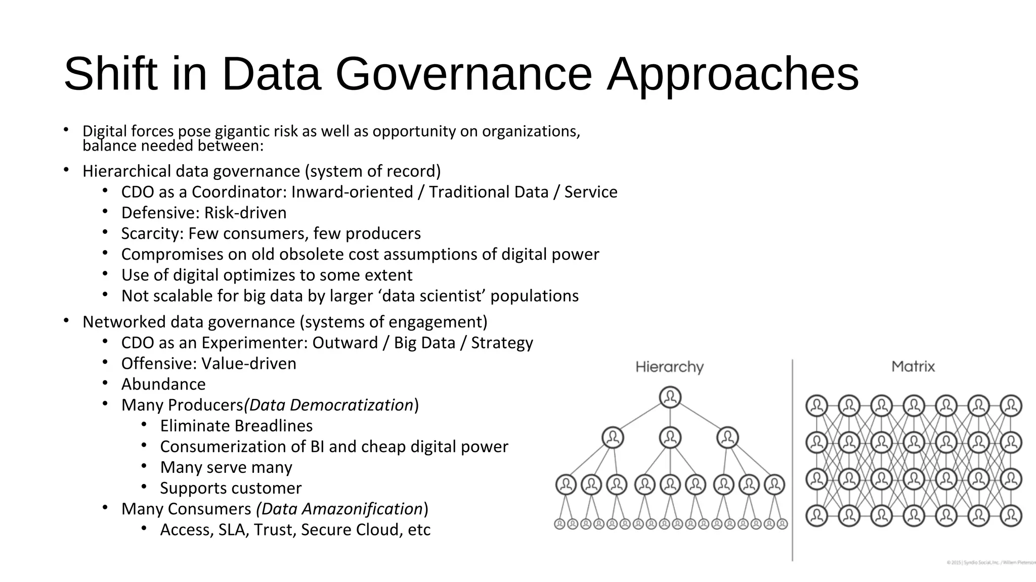 Shift in Data Governance Approaches
• Digital forces pose gigantic risk as well as opportunity on organizations,
balance needed between:
• Hierarchical data governance (system of record)
• CDO as a Coordinator: Inward-oriented / Traditional Data / Service
• Defensive: Risk-driven
• Scarcity: Few consumers, few producers
• Compromises on old obsolete cost assumptions of digital power
• Use of digital optimizes to some extent
• Not scalable for big data by larger ‘data scientist’ populations
• Networked data governance (systems of engagement)
• CDO as an Experimenter: Outward / Big Data / Strategy
• Offensive: Value-driven
• Abundance
• Many Producers(Data Democratization)
• Eliminate Breadlines
• Consumerization of BI and cheap digital power
• Many serve many
• Supports customer
• Many Consumers (Data Amazonification)
• Access, SLA, Trust, Secure Cloud, etc
 