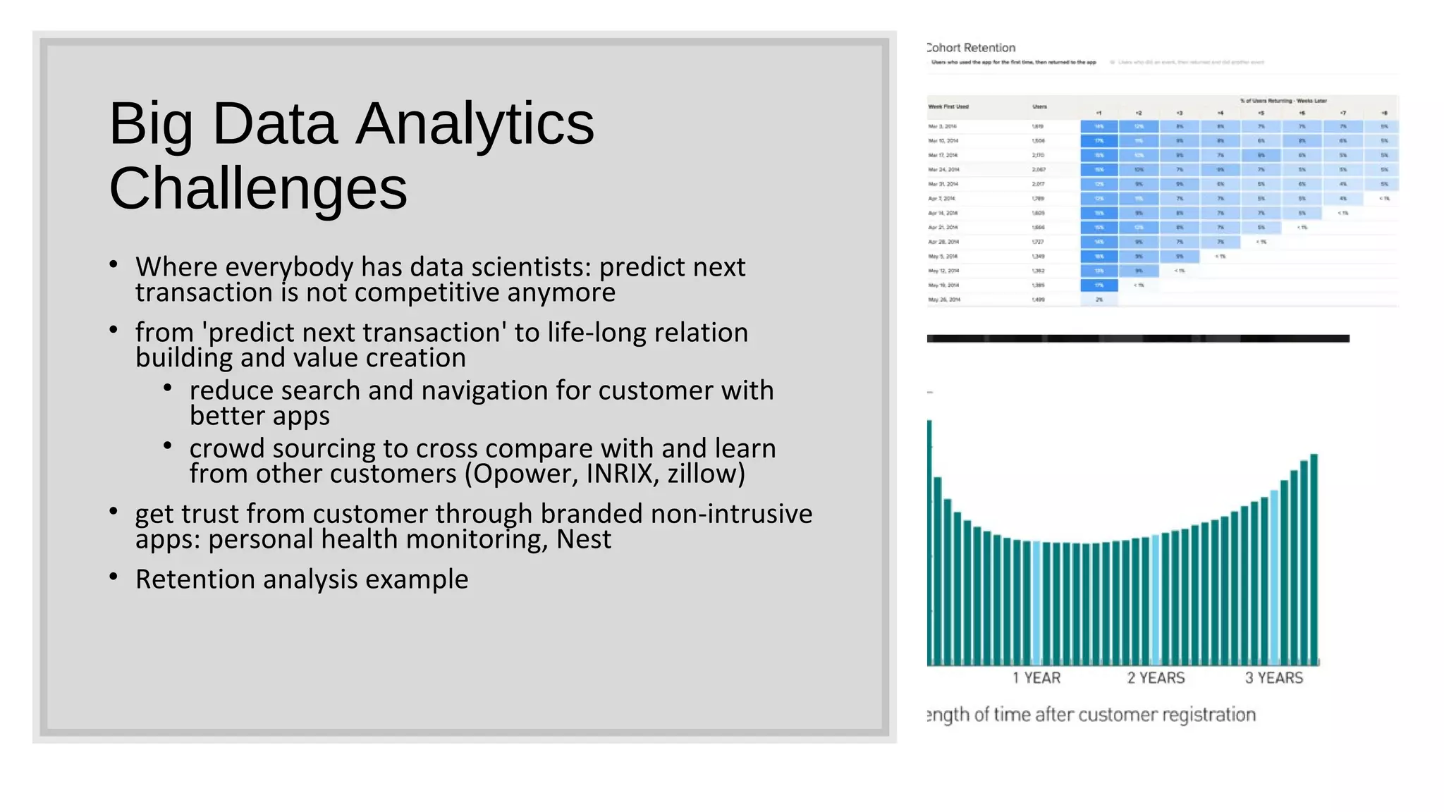 Big Data Analytics
Challenges
• Where everybody has data scientists: predict next
transaction is not competitive anymore
• from 'predict next transaction' to life-long relation
building and value creation
• reduce search and navigation for customer with
better apps
• crowd sourcing to cross compare with and learn
from other customers (Opower, INRIX, zillow)
• get trust from customer through branded non-intrusive
apps: personal health monitoring, Nest
• Retention analysis example
 