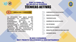 TÉCNICAS ACTIVAS
La aireación del agua puede
promover la oxidación en
muchos sistemas de
tratamientos de agua. Si la
aireación y oxidación son
incorporadas o mejoradas en el
sistema de tratamiento, la
eficiencia de los tratamientos
químicos podría incrementar y
los costos ser reducidos.
AIREACIÓN Y OXIDACIÓN
1 CARBONATO DE CALCIO (CaCO3)
ÓXIDO DE CALCIO (CaO)
TRAPZENO (CaO2)
HIDRÓXIDO DE CALCIO (CaOH2)
CAL DE MAGNA
SODA CÁUSTICA (NaOH)
BRIQUETAS DE CENIZA DE SODA (Na2 CO3)
AMONIACO (NH3)
 