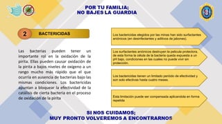 BACTERICIDAS
2
Las bacterias pueden tener un
importante rol en la oxidación de la
pirita. Ellas pueden causar oxidación de
la pirita a bajos niveles de oxígeno a un
rango mucho más rápido que el que
ocurría en ausencia de bacterias bajo las
mismas condiciones. Los bactericidas
apuntan a bloquear la efectividad de la
catálisis de cierta bacteria en el proceso
de oxidación de la pirita
Los bactericidas elegidos por las minas han sido surfactantes
aniónicos (en desinfectantes y aditivos de jabones).
Los surfactantes aniónicos destruyen la pelicula protectora,
de esta forma la célula de la bacteria queda expuesta a un
pH bajo, condiciones en las cuales no puede vivir sin
protección.
Los bactericidas tienen un limitado periódo de efectividad y
son solo efectivas hasta cuatro meses.
Esta limitación puede ser compensada aplicandola en forma
repetida
 