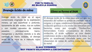 Drenaje ácido de mina
Drenaje ácido de mina es el agua
contaminada originada de la explotación
minera, ya sea superficial o profunda,
típicamente de alta acidez, rica en sulfato
y con niveles elevados de metales
pesados, principalmente hierro,
manganeso y aluminio. Debido a la alta
cantidad de hierro oxidado, el drenaje
ácido de la mina es a menudo rojizo
coloreado.
Cómo se forma el DAM
El drenaje ácido de la mina pasa una vez que los
minerales del sulfuro se ponen en contacto con el
oxígeno y el agua, condiciones favorables para su
oxidación química o a la oxidación inmediata por
bacterias como por ejemplo Thiobacillus
ferrooxidans. Como consecuencia de dicha
oxidación, el ácido sulfúrico se crea dando
condiciones ácidas a los efluentes de la mina. La
pirita es usualmente vinculada tanto con las
situaciones de minas de carbón como las minas
de metal.
 