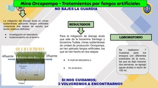 Mina Orcopampa - Tratamientos por fangos artificiales
Para la mitigación de drenaje ácido
que sale de la bocamina Santiago y
bocamina Tudela, minas subterráneas
de unidad de producción Orcopampa,
se han aplicado fangos artificiales, los
que se han hecho en dos etapas:
● A nivel de laboratorio y
● En el terreno.
La mitigación del drenaje ácido en minas
subterráneas aplicando fangos artificiales
comprende dos etapas de estudio que
tienen objetivos definidos:
● Investigación en laboratorio.
● Implementación en el terreno.
RESULTADOS
LABORATORIO
Se realizaron 7
muestras para los
ensayos con diferentes
substratos de la zona.,
las que se dejó macerar
dos semanas, se agregó
aguas ácidas a razón de
150 ml.
 