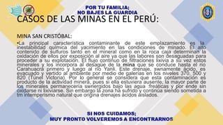 CASOS DE LAS MINAS EN EL PERÚ:
MINA SAN CRISTÓBAL:
•La principal característica contaminante de este emplazamiento es la
inestabilidad química del yacimiento en las condiciones de minado. El alto
contenido de sulfuros tanto en el mineral como en la roca caja determinan la
oxidación de ellos por exposición al aire ya que las labores son desaguadas para
proceder a su explotación. El flujo continuo de filtraciones lixivia a su vez estos
minerales y los incorpora al desagüe de la mina que se conduce hasta el río
Carahuacra primero y luego al río Yanli. Este drenaje, swnamente ácido, es
evacuado y vertido al ambiente por medio de galerías en los niveles 370, 500 y
820 (Túnel Victoria). Por lo general se considera que esta contaminación es
producto de la actividad minera, pues si ella estuviera ausente, la mayor parte de
los minerales permanecería swnergidos bajo las agua :freáticas y por ende sin
oxidarse ni lixiviarse. Sin embargo la zona ha sufrido y continúa siendo sometida a
tm intemperismo natural que origina drenajes ácidos aislados.
 