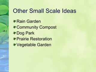 Other Small Scale Ideas Rain Garden Community Compost Dog Park Prairie Restoration Vegetable Garden 