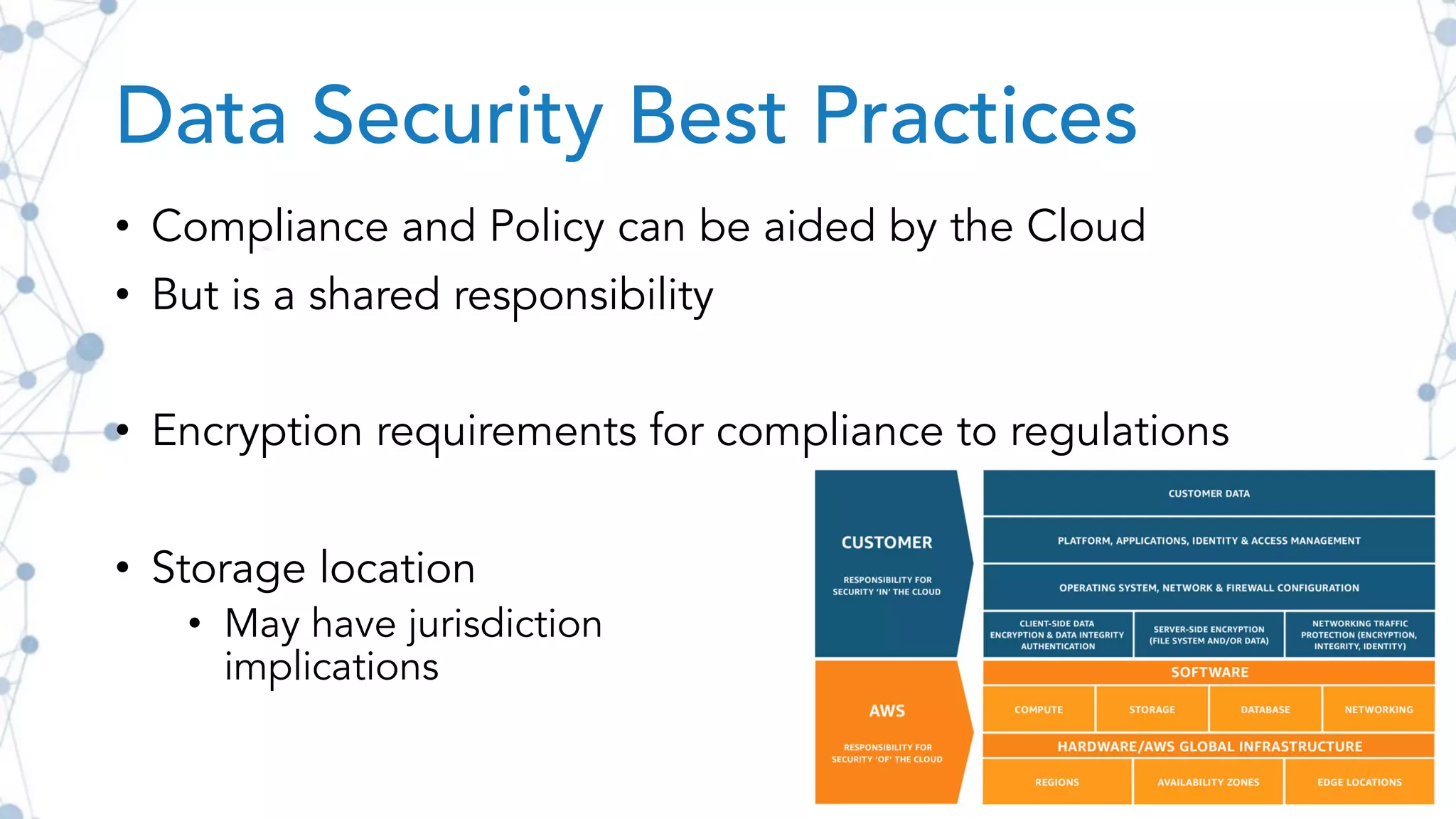 Data Security Best Practices
• Compliance and Policy can be aided by the Cloud
• But is a shared responsibility
• Encryption requirements for compliance to regulations
• Storage location
• May have jurisdiction
implications
 