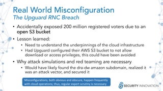 Real World Misconfiguration
The Upguard RNC Breach
• Accidentally exposed 200 million registered voters due to an
open S3 bucket
• Lesson learned:
• Need to understand the underpinnings of the cloud infrastructure
• Had Upguard configured their AWS S3 bucket to not allow
download or access privileges, this could have been avoided
• Why attack simulations and red teaming are necessary
• Would have likely found the dra-dw amazon subdomain, realized it
was an attack vector, and secured it
Misconfigurations, both obvious and obscure, happen frequently
with cloud operations; thus, regular expert scrutiny is necessary
 