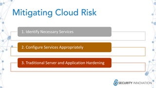 Mitigating Cloud Risk
1. Identify Necessary Services
2. Configure Services Appropriately
3. Traditional Server and Application Hardening
 