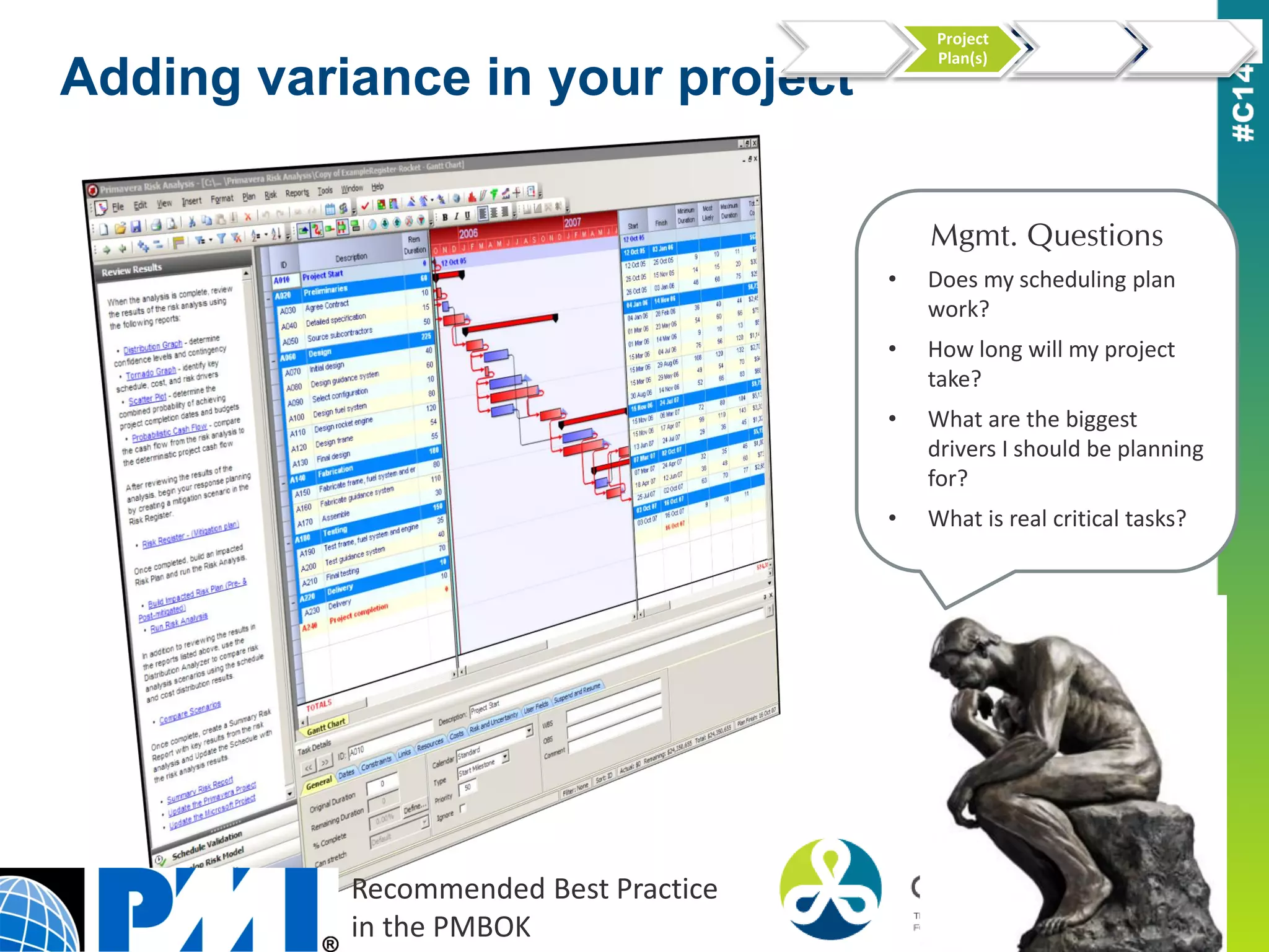 Adding variance in your project
Estimation
Project
Plan(s)
Capital
Budget
Portfolio
Plan
Mgmt. Questions
• Does my scheduling plan
work?
• How long will my project
take?
• What are the biggest
drivers I should be planning
for?
• What is real critical tasks?
Recommended Best Practice
in the PMBOK
 