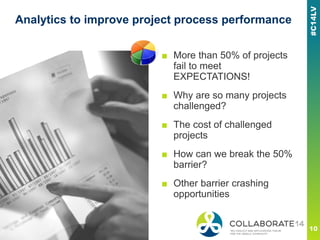 Analytics to improve project process performance
■ More than 50% of projects
fail to meet
EXPECTATIONS!
■ Why are so many projects
challenged?
■ The cost of challenged
projects
■ How can we break the 50%
barrier?
■ Other barrier crashing
opportunities
 