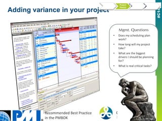 Adding variance in your project
Estimation
Project
Plan(s)
Capital
Budget
Portfolio
Plan
Mgmt. Questions
• Does my scheduling plan
work?
• How long will my project
take?
• What are the biggest
drivers I should be planning
for?
• What is real critical tasks?
Recommended Best Practice
in the PMBOK
 