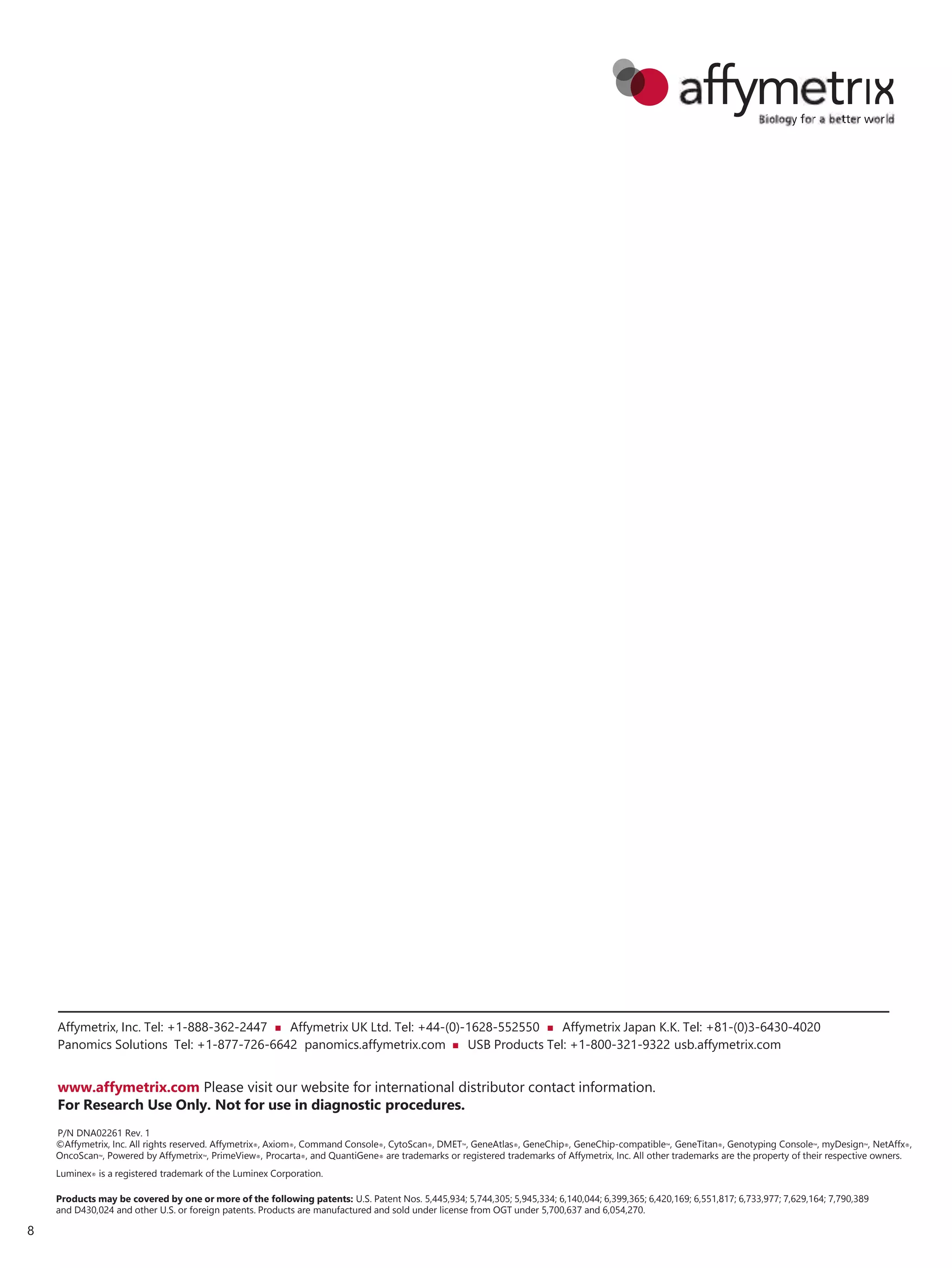 www.affymetrix.com Please visit our website for international distributor contact information.
For Research Use Only. Not for use in diagnostic procedures.
P/N DNA02261 Rev. 1
©Affymetrix, Inc. All rights reserved. Affymetrix®, Axiom®, Command Console®, CytoScan®, DMET™, GeneAtlas®, GeneChip®, GeneChip-compatible™, GeneTitan®, Genotyping Console™, myDesign™, NetAffx®,
OncoScan™, Powered by Affymetrix™, PrimeView®, Procarta®, and QuantiGene® are trademarks or registered trademarks of Affymetrix, Inc. All other trademarks are the property of their respective owners.
Luminex® is a registered trademark of the Luminex Corporation.
Products may be covered by one or more of the following patents: U.S. Patent Nos. 5,445,934; 5,744,305; 5,945,334; 6,140,044; 6,399,365; 6,420,169; 6,551,817; 6,733,977; 7,629,164; 7,790,389
and D430,024 and other U.S. or foreign patents. Products are manufactured and sold under license from OGT under 5,700,637 and 6,054,270.
Affymetrix, Inc. Tel: +1-888-362-2447  Affymetrix UK Ltd. Tel: +44-(0)-1628-552550  Affymetrix Japan K.K. Tel: +81-(0)3-6430-4020
Panomics Solutions Tel: +1-877-726-6642 panomics.affymetrix.com  USB Products Tel: +1-800-321-9322 usb.affymetrix.com
8
 