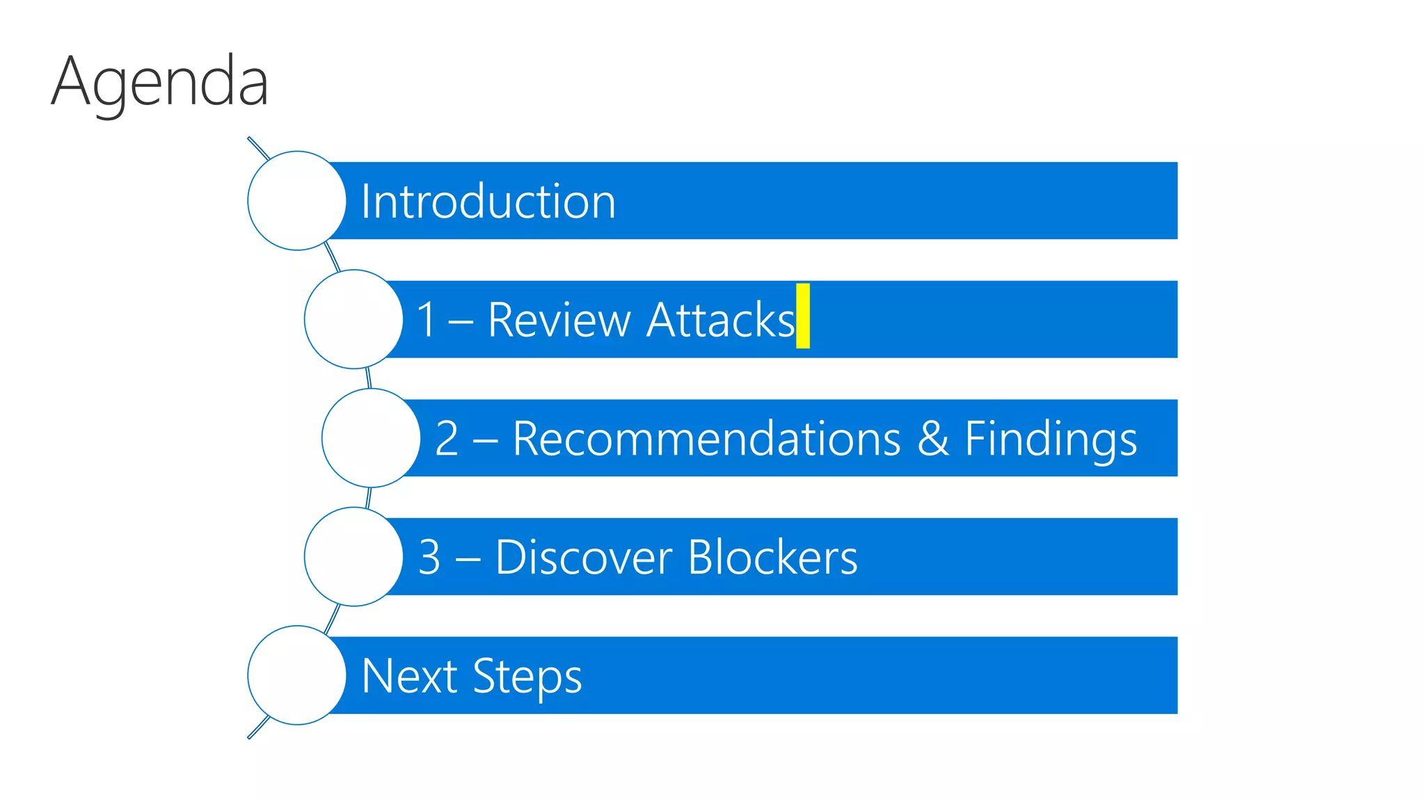 Introduction
1 – Review Attacks
2 – Recommendations & Findings
3 – Discover Blockers
Next Steps
 