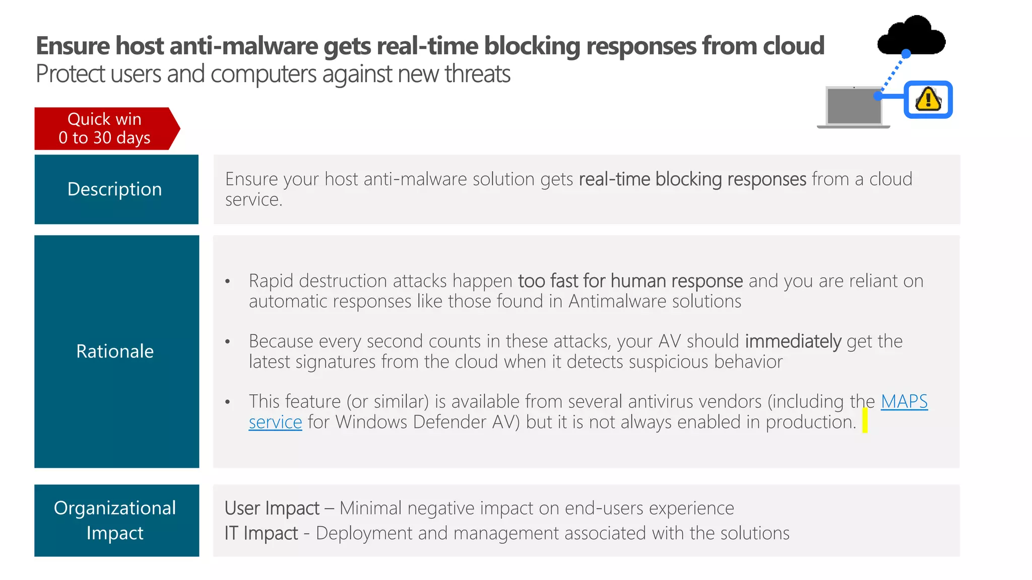 User Impact – Minimal negative impact on end-users experience
IT Impact - Deployment and management associated with the solutions
Ensure your host anti-malware solution gets real-time blocking responses from a cloud
service.
Organizational
Impact
Description
• Rapid destruction attacks happen too fast for human response and you are reliant on
automatic responses like those found in Antimalware solutions
• Because every second counts in these attacks, your AV should immediately get the
latest signatures from the cloud when it detects suspicious behavior
• This feature (or similar) is available from several antivirus vendors (including the MAPS
service for Windows Defender AV) but it is not always enabled in production.
Rationale
Quick win
0 to 30 days
?
 