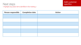 Next steps
<Highlight any action items identified in the meeting.>
Add customer
specifics
Person responsible Completion date Action
 