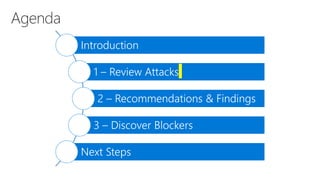Introduction
1 – Review Attacks
2 – Recommendations & Findings
3 – Discover Blockers
Next Steps
 