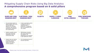 Mitigating Supply Chain Risks Using Big Data Analytics | 28 March 2019
SUPPLIER RISK
ASSESSMENT
MATERIAL RISK
ASSESSMENT
ALERTS SUPPLY CHAIN
MAPPING
RISK
INTELLIGENCE
RISK RESPONSE
TRACKER
✓ An automated system to
assess supplier risk using
29 risk titles and 5
different risk domains
(Financial, geo-political,
operational, compliance
and sustainability)
✓ A semi-automated system
to assess the risk of
materials used in
production, considering
both risk probability and
risk impact
✓ Suppliers are
continuously monitored
to capture potential
threats to supply security
✓ Supply chain mapping
allows to visualize and
monitor the suppliers of
our suppliers (our Tier-2
suppliers) and further
down in the supply chain
✓ A methodology to
capture and report
special events, broader
than standard, that may
impact multiple sectors
and categories (e.g.
Brexit)
✓ A platform to register,
track, and visualize
activities aimed to
mitigate risk
✓ System considers inputs
from both structured
databases as well as
unstructured data
✓ Methodology considers
risk score coming from
the supplier risk
assessment and combines
it with additional criteria
✓ These threats can impact
suppliers directly
(financial trouble,
corruption…) or indirectly
(natural disasters)
✓ Like for our Tier-1
suppliers, we can also
assess risk and monitor
these suppliers
continuously
✓ Specific task forces are
created for each event,
and obtained knowledge
is shared across the
company
✓ The platform uses
workflows to manage
activities (e.g., approvals,
notifications, …) and
ensure appropriate
governance
✓ System does not require
to answer surveys but
brings information
without the need to
contact suppliers
✓ It’s a fundamental part of
the BCP exercises
✓ Alerts are forwarded to
the relevant sourcing
responsible to determine
appropriate action
A comprehensive program based on 6 solid pillars
Mitigating Supply Chain Risks Using Big Data Analytics
10
 