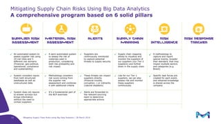 Mitigating Supply Chain Risks Using Big Data Analytics | 28 March 2019
SUPPLIER RISK
ASSESSMENT
MATERIAL RISK
ASSESSMENT
ALERTS SUPPLY CHAIN
MAPPING
RISK
INTELLIGENCE
RISK RESPONSE
TRACKER
✓ An automated system to
assess supplier risk using
29 risk titles and 5
different risk domains
(Financial, geo-political,
operational, compliance
and sustainability)
✓ A semi-automated system
to assess the risk of
materials used in
production, considering
both risk probability and
risk impact
✓ Suppliers are
continuously monitored
to capture potential
threats to supply security
✓ Supply chain mapping
allows to visualize and
monitor the suppliers of
our suppliers (our Tier-2
suppliers) and further
down in the supply chain
✓ A methodology to
capture and report
special events, broader
than standard, that may
impact multiple sectors
and categories (e.g.
Brexit)
✓ A platform to register,
track, and visualize
activities aimed to
mitigate risk
✓ System considers inputs
from both structured
databases as well as
unstructured data
✓ Methodology considers
risk score coming from
the supplier risk
assessment and combines
it with additional criteria
✓ These threats can impact
suppliers directly
(financial trouble,
corruption…) or indirectly
(natural disasters)
✓ Like for our Tier-1
suppliers, we can also
assess risk and monitor
these suppliers
continuously
✓ Specific task forces are
created for each event,
and obtained knowledge
is shared across the
company
✓ The platform uses
workflows to manage
activities (e.g., approvals,
notifications, …) and
ensure appropriate
governance
✓ System does not require
to answer surveys but
brings information
without the need to
contact suppliers
✓ It’s a fundamental part of
the BCP exercises
✓ Alerts are forwarded to
the relevant sourcing
team to determine
appropriate actions
A comprehensive program based on 6 solid pillars
Mitigating Supply Chain Risks Using Big Data Analytics
13
 