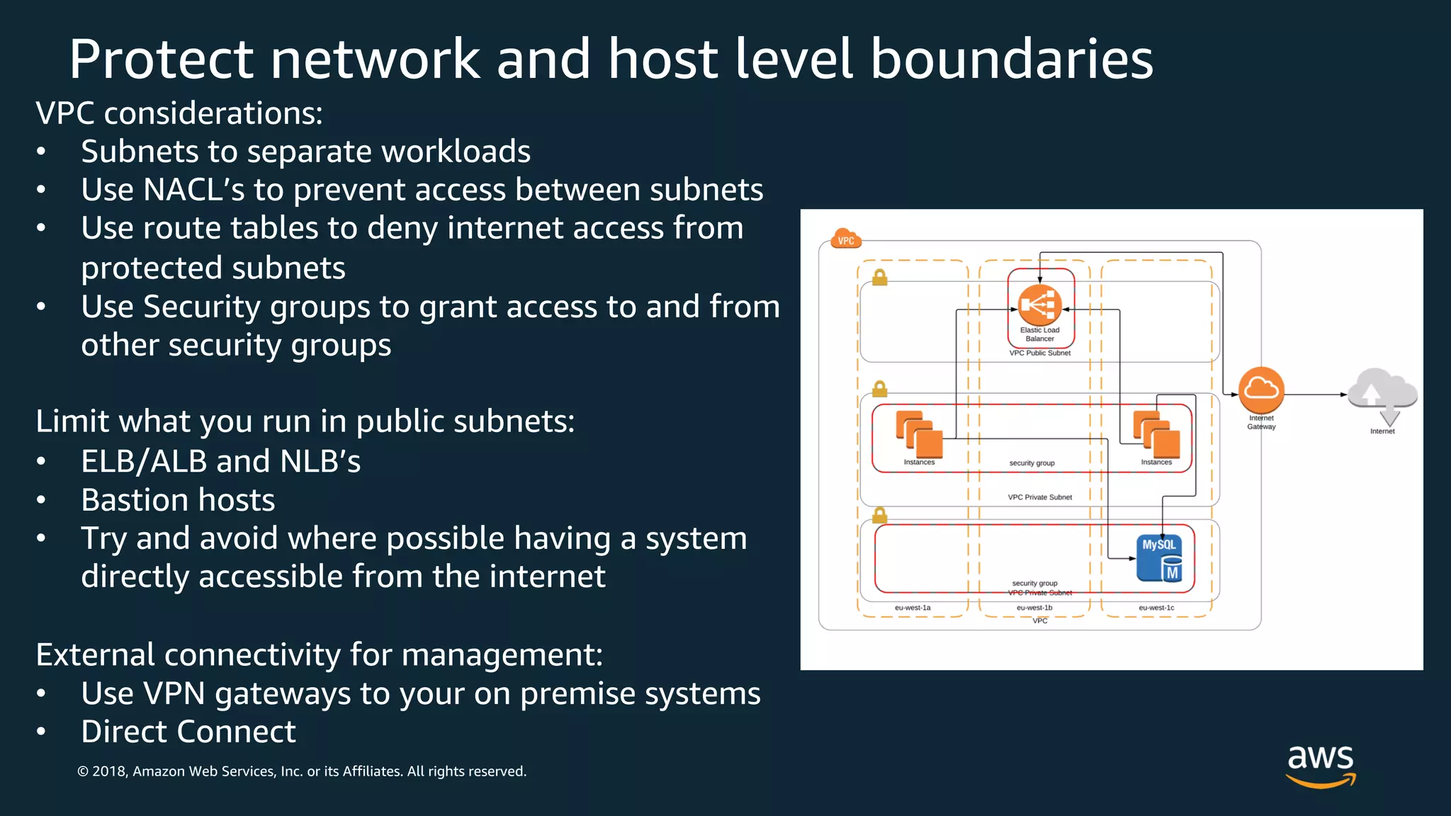 © 2018, Amazon Web Services, Inc. or its Affiliates. All rights reserved.
Protect network and host level boundaries
VPC considerations:
• Subnets to separate workloads
• Use NACL’s to prevent access between subnets
• Use route tables to deny internet access from
protected subnets
• Use Security groups to grant access to and from
other security groups
Limit what you run in public subnets:
• ELB/ALB and NLB’s
• Bastion hosts
• Try and avoid where possible having a system
directly accessible from the internet
External connectivity for management:
• Use VPN gateways to your on premise systems
• Direct Connect
 