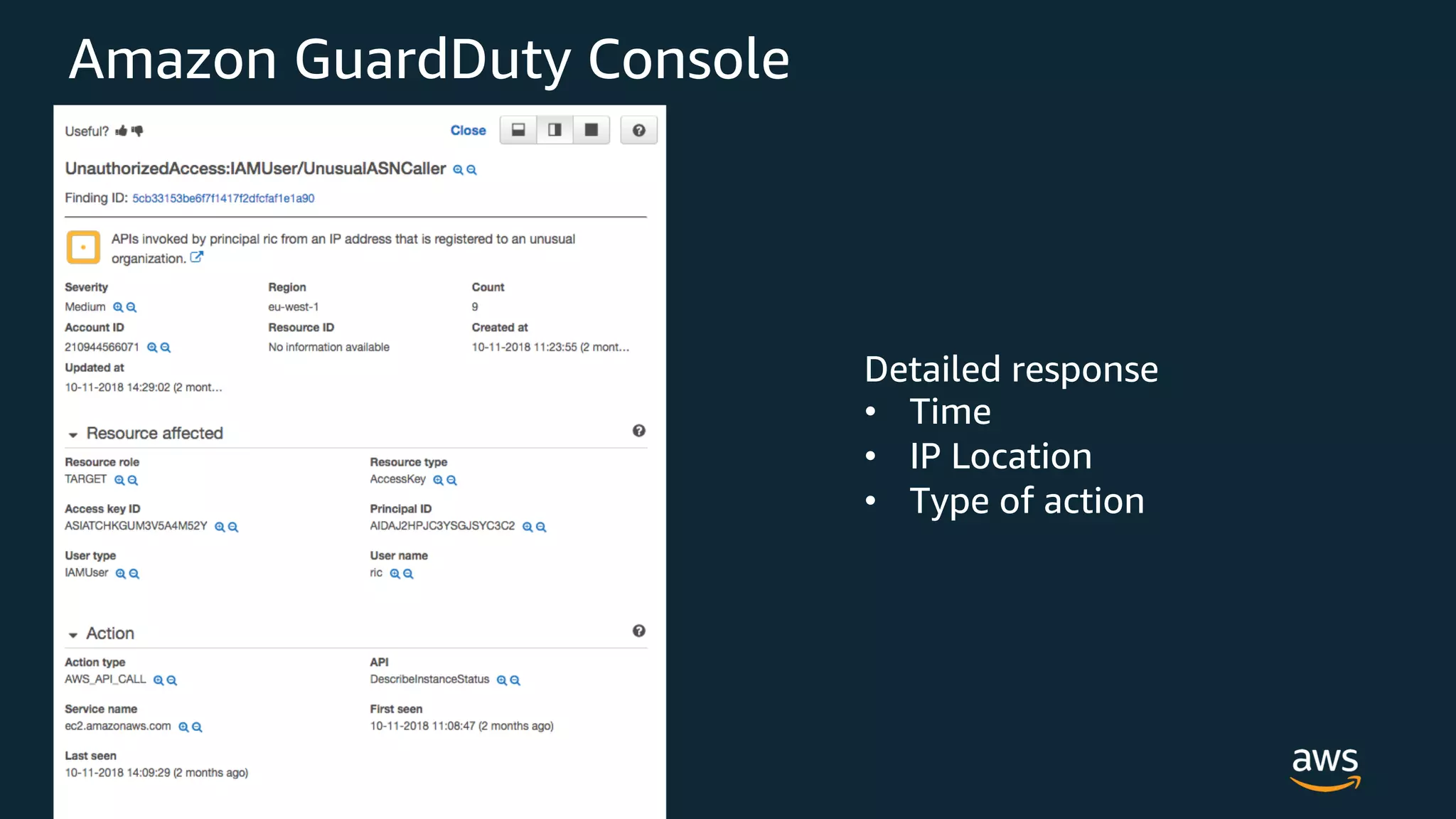 © 2018, Amazon Web Services, Inc. or its Affiliates. All rights reserved.
Amazon GuardDuty Console
Detailed response
• Time
• IP Location
• Type of action
 