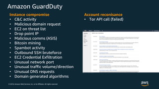 © 2018, Amazon Web Services, Inc. or its Affiliates. All rights reserved.
Amazon GuardDuty
Instance compromise
• C&C activity
• Malicious domain request
• EC2 on threat list
• Drop point IP
• Malicious comms (ASIS)
• Bitcoin mining
• Spambot activity
• Outbound SSH bruteforce
• EC2 Credential Exfiltration
• Unusual network port
• Unusual traffic volume/direction
• Unusual DNS requests
• Domain generated algorithms
Account reconisance
• Tor API call (failed)
 